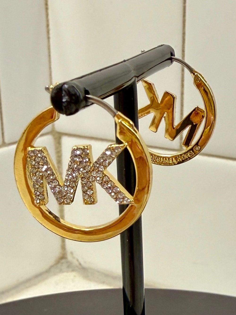Michael Kors Gold Hoop Earrings with Crystal MK Logo